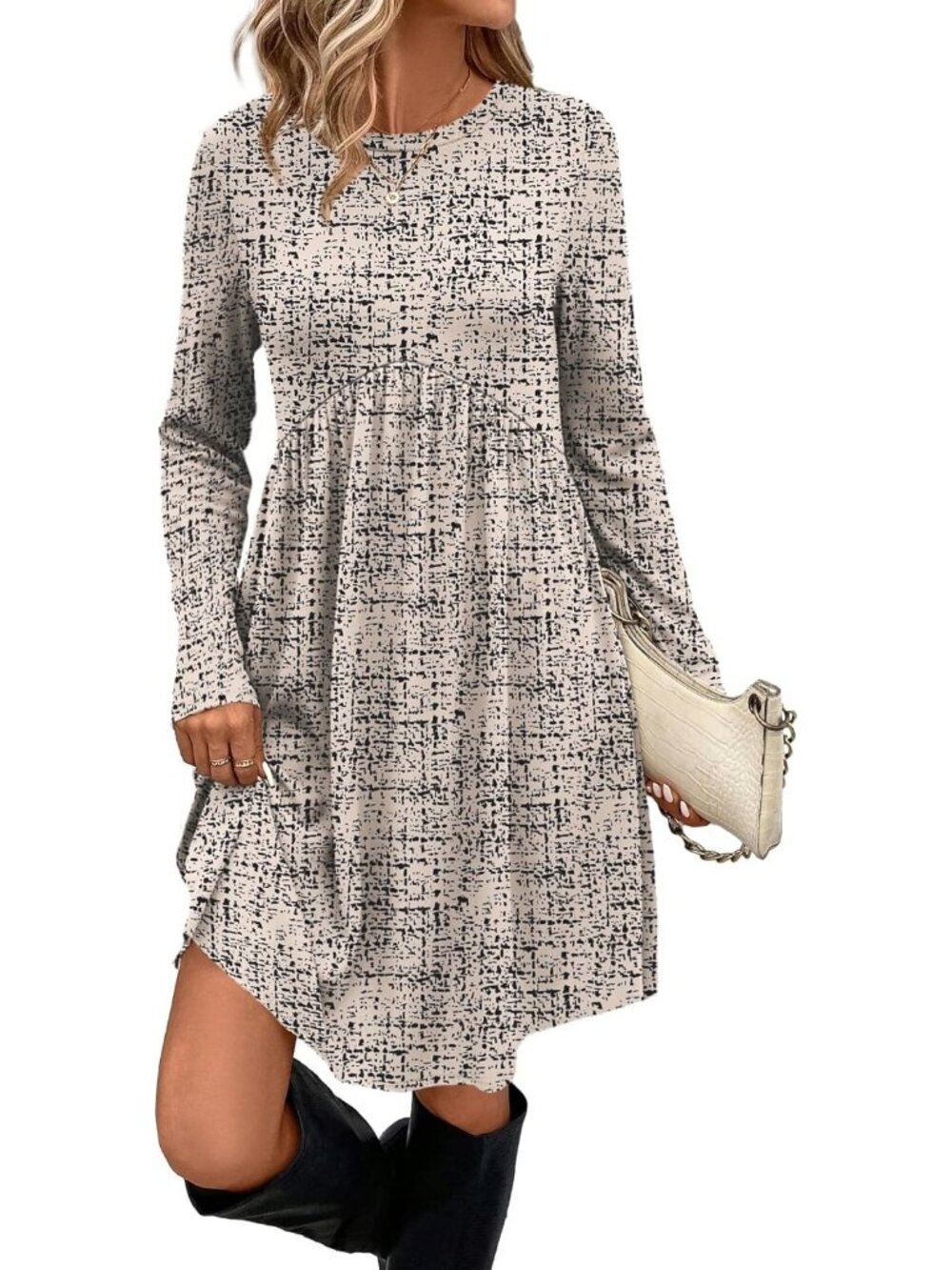 Women's Beige Plaid Long Sleeve Comfort Crew Neck Empire Waist Tunic Mini Dress